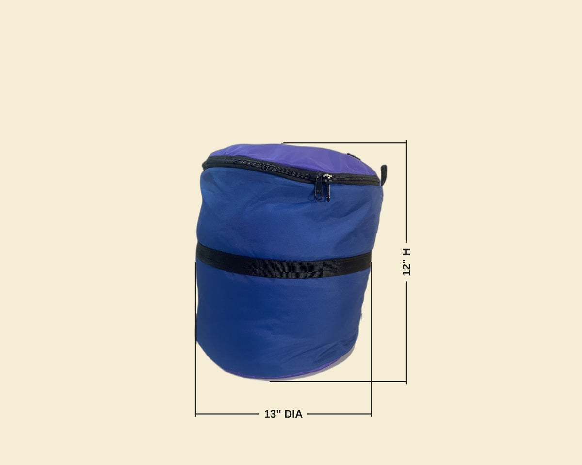 12" dimension photo: Ruby Moons 12-inch packing round dry bag stuff sack, showing dimensions 13 inch diameter by 12 inch height