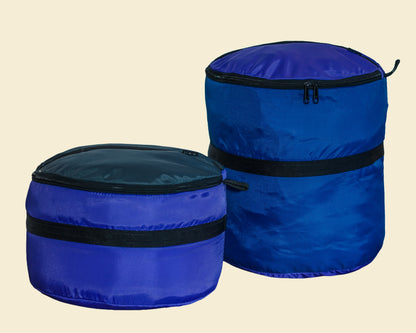Ruby Moons packing rounds in two sizes, blue, shown side by side on a light beige background