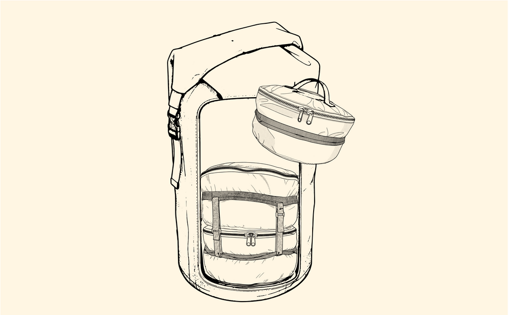 A minimalist line-art illustration of a backpack with a hanging cylindrical pouch, shown on a solid pale beige background.