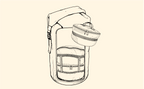 A minimalist line-art illustration of a backpack with a hanging cylindrical pouch, shown on a solid pale beige background.