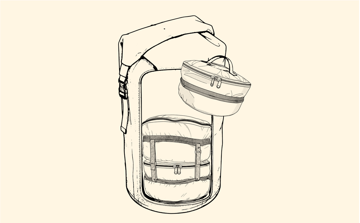 A minimalist line-art illustration of a backpack with a hanging cylindrical pouch, shown on a solid pale beige background.
