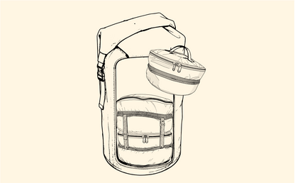 A minimalist line-art illustration of a backpack with a hanging cylindrical pouch, shown on a solid pale beige background.
